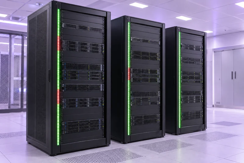 Conceptual server room with green rack indicators and red sections identifying equipment fault locations