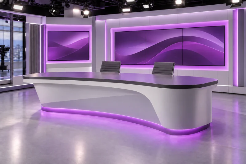 Conceptual television studio with purple accent lighting around a presenter desk and monitors